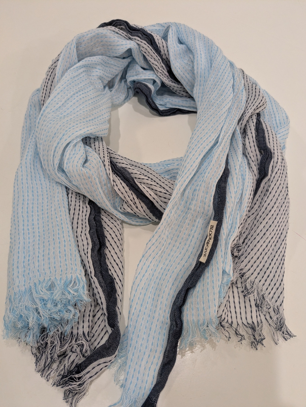 Bloom & Give Cotton Scarf Blue Gray Colorblock Fringe Lightweight India 100% Cot